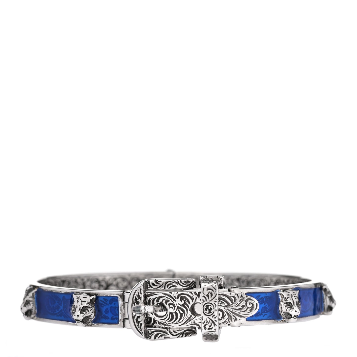 Sterling Silver Enamel Garden Feline Buckle Bracelet Blue