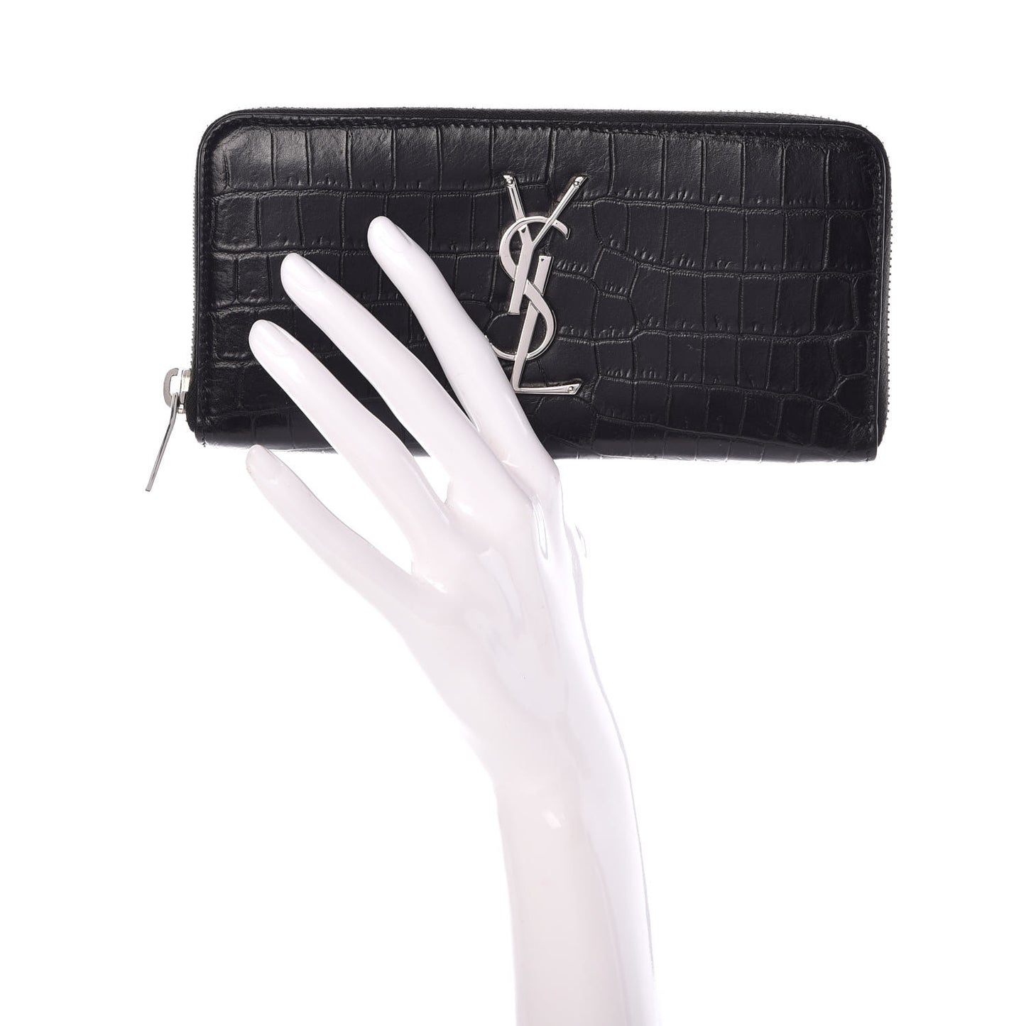 Calfskin Crocodile Embossed Monogram Zip Around Wallet Black