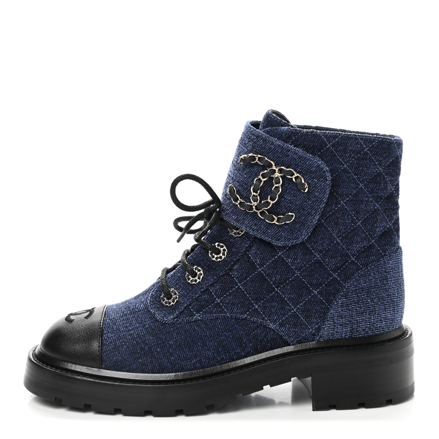 Denim Calfskin Quilted Lace Up Combat Boots 38 Blue