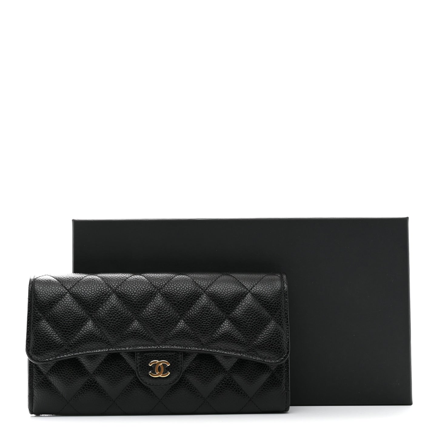 Caviar Quilted Large Gusset Flap Wallet Black