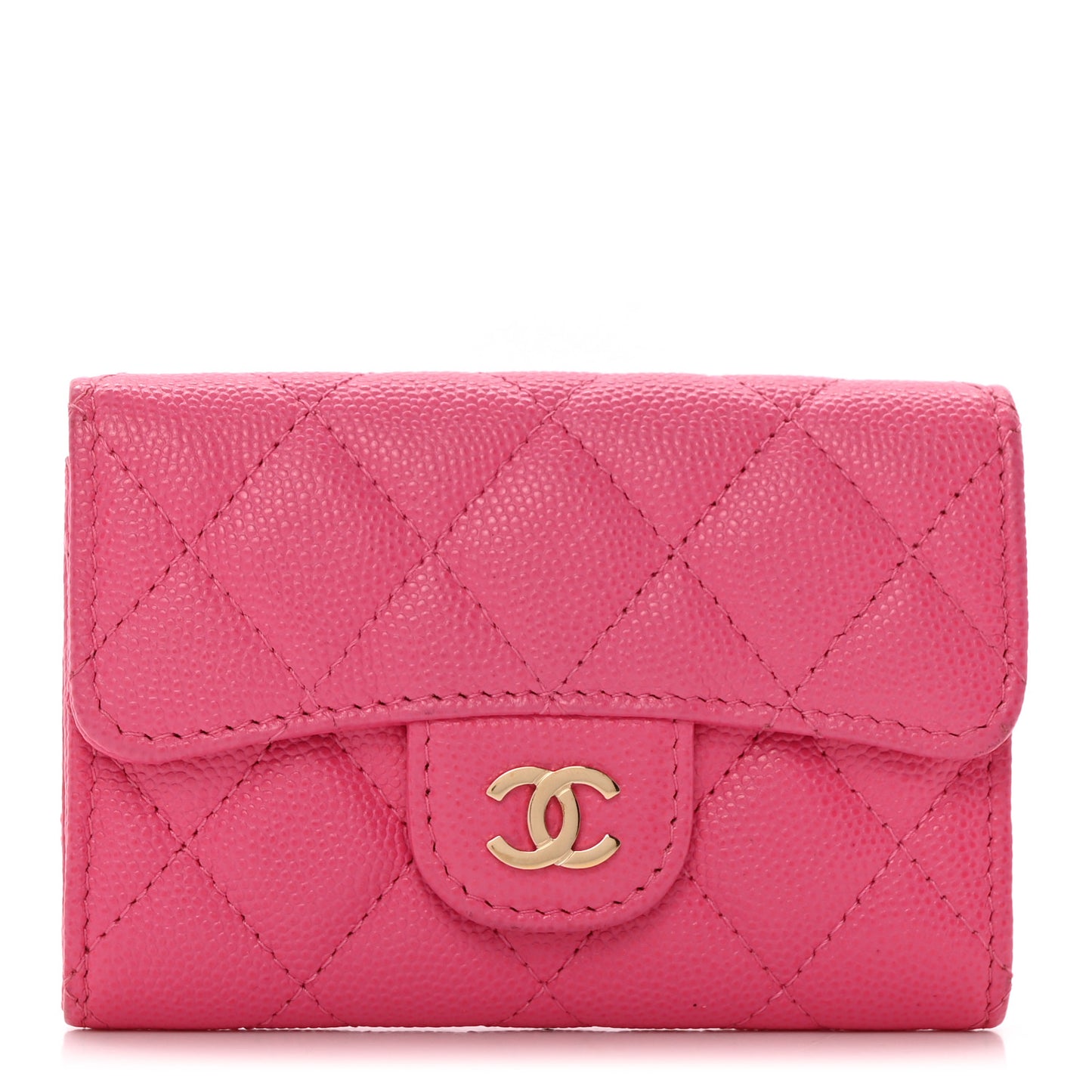 Caviar Quilted Flap Card Holder Wallet Pink