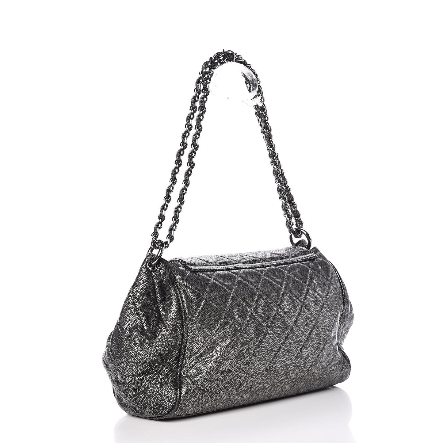 Metallic Caviar Quilted Timeless Accordion Flap Dark Silver