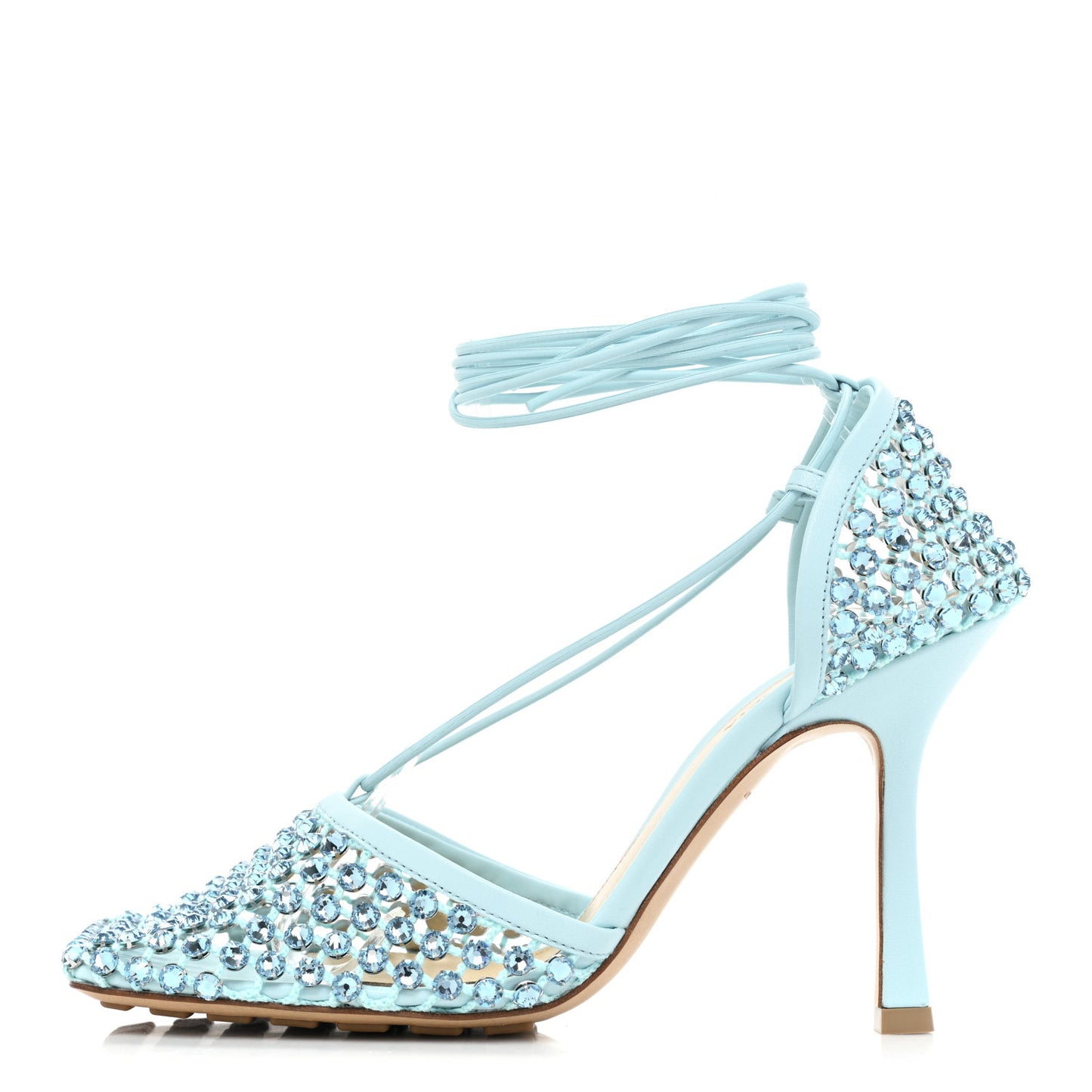 Mesh Nappa Crystal Embellished Sparkle Stretch Ankle Tie Sandals 39 Pale Blue