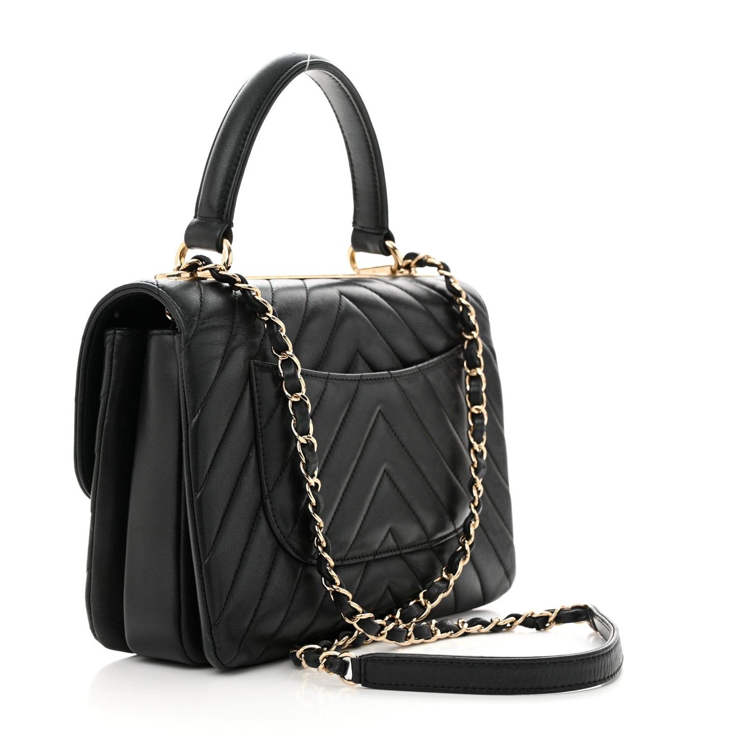 Lambskin Chevron Quilted Small Trendy CC Dual Handle Flap Bag Black