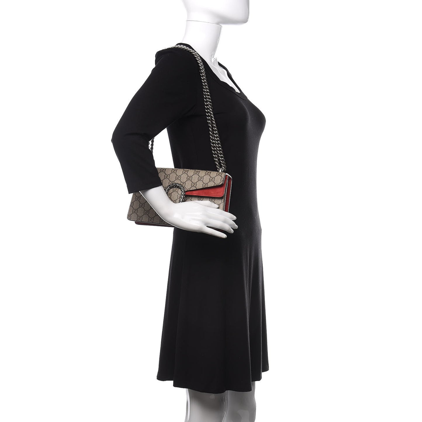 GG Supreme Monogram Suede Small Dionysus Shoulder Bag Beige Ebony Vulcanic Red