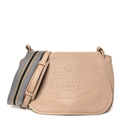 Prada Vitello Daino Embossed Logo Flap Shoulder Bag Sesamo 1 of 11