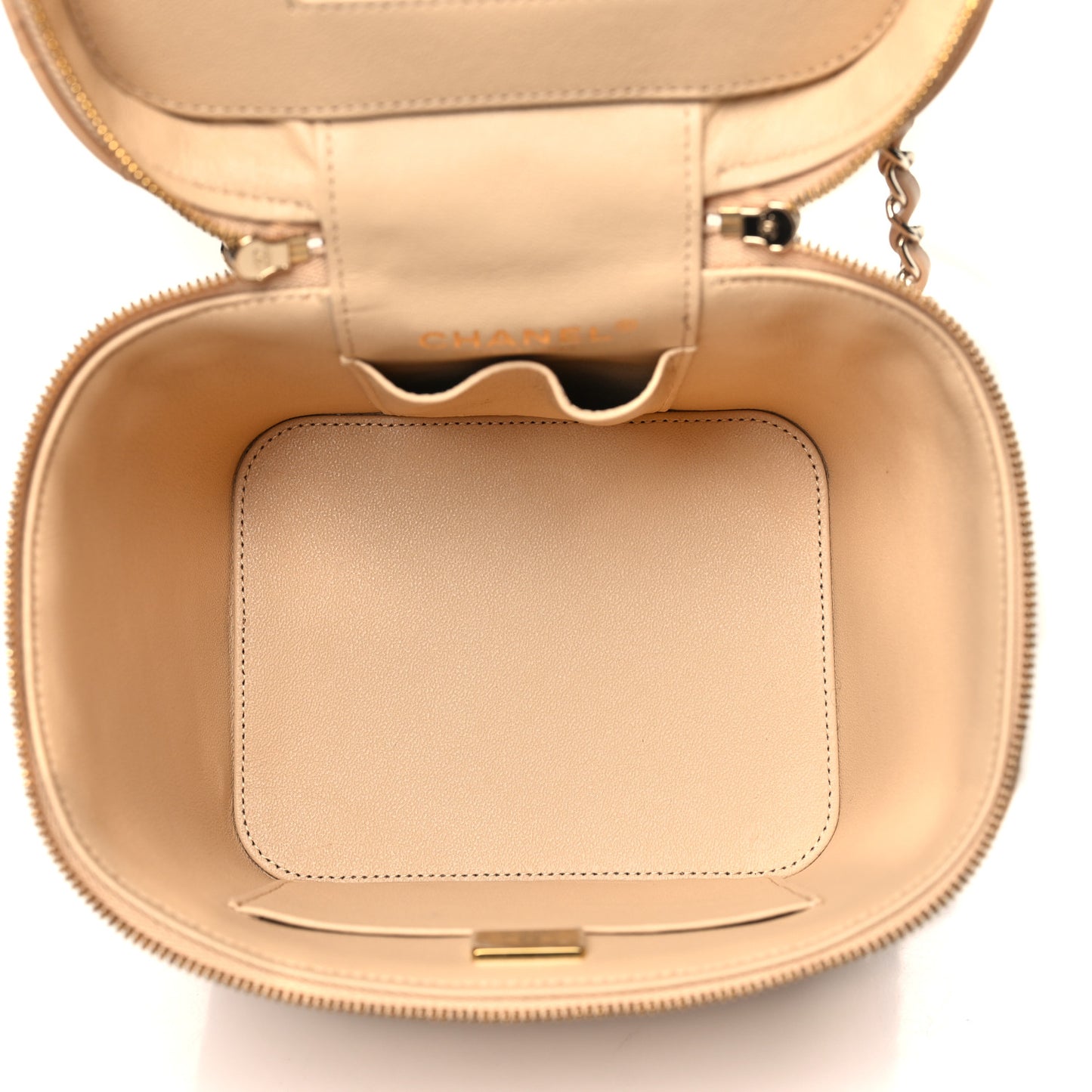 Lambskin Quilted Small Top Handle Vanity Case With Chain Beige