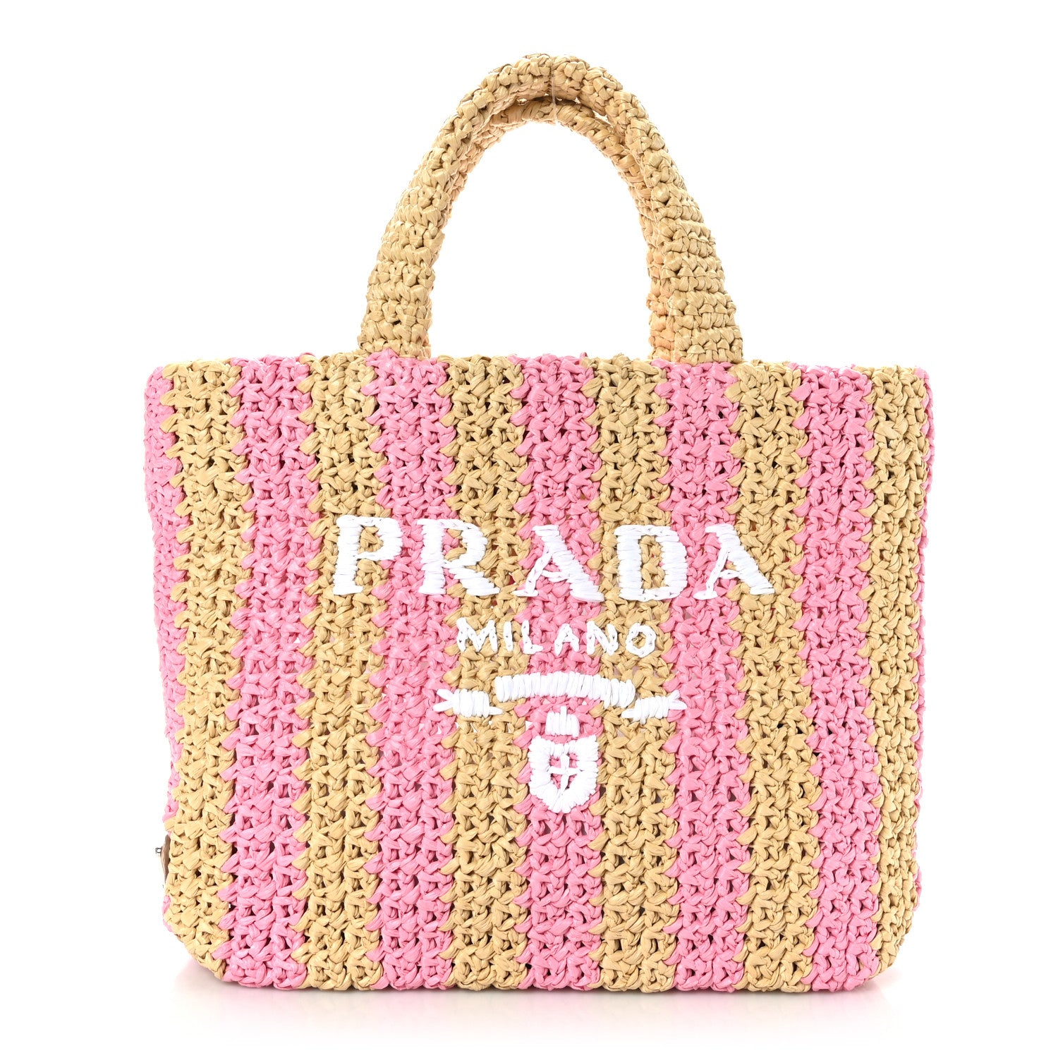Prada Yarn Raffia Effect Crochet Striped Small Logo Tote Naturale Petalo 1 of 8