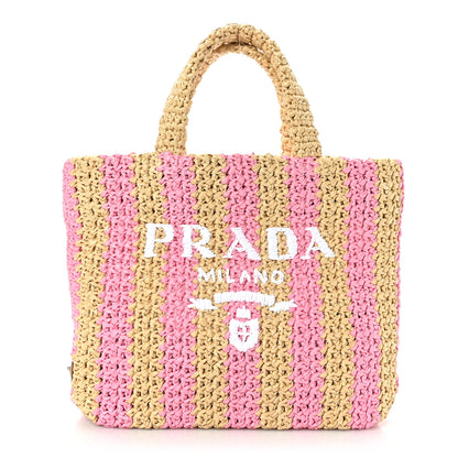 Prada Yarn Raffia Effect Crochet Striped Small Logo Tote Naturale Petalo 1 of 8