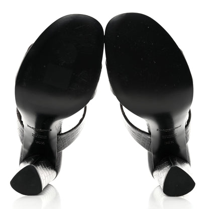 Saint Laurent Calfskin Crocodile Embossed Sandals 36.5 Black 5 of 7