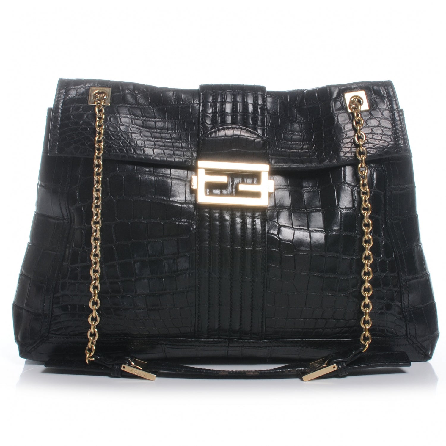 Fendi Calfskin Crocodile Embossed Maxi Baguette Black 1 of 9