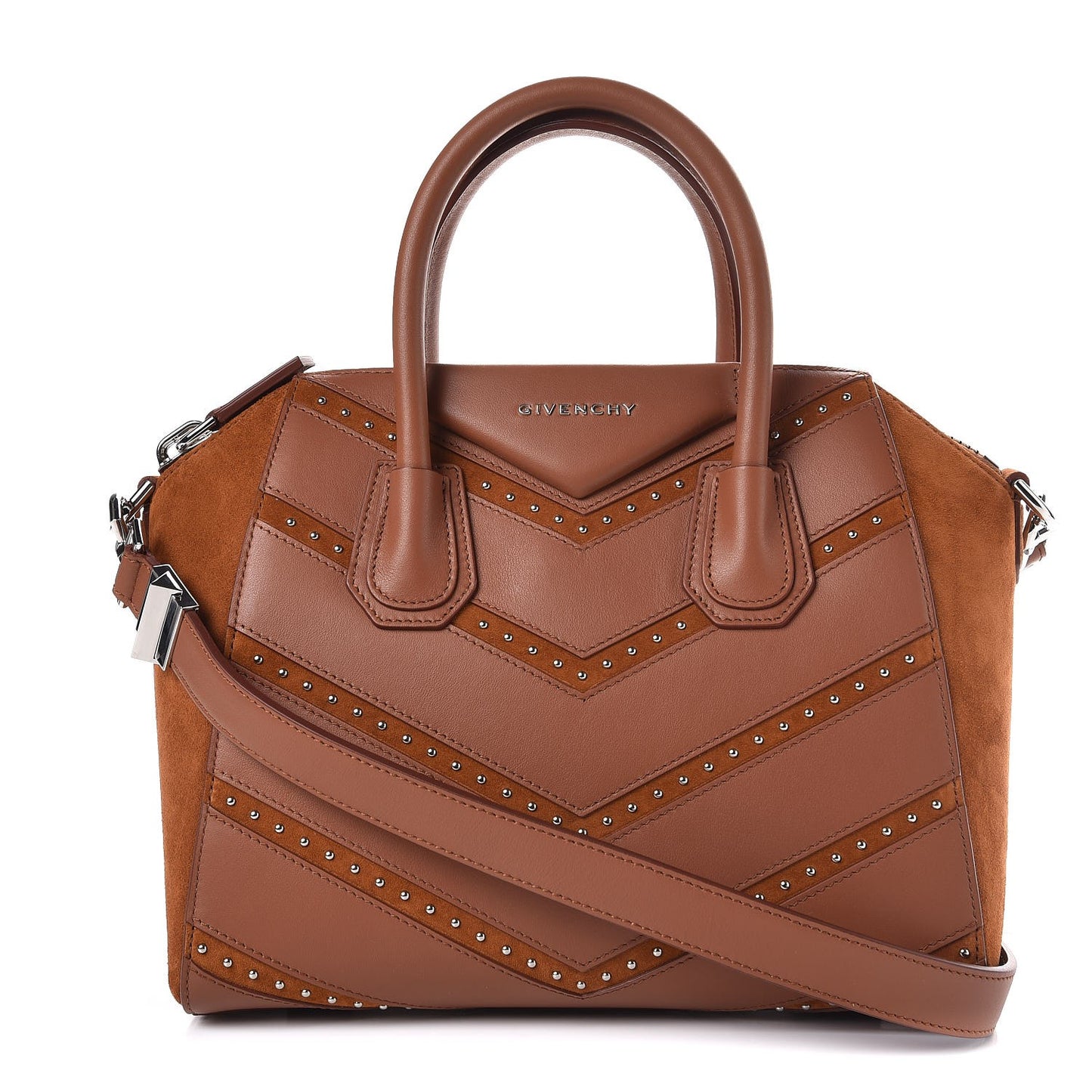 Calfskin Suede Small Studded Chevron Antigona Cognac