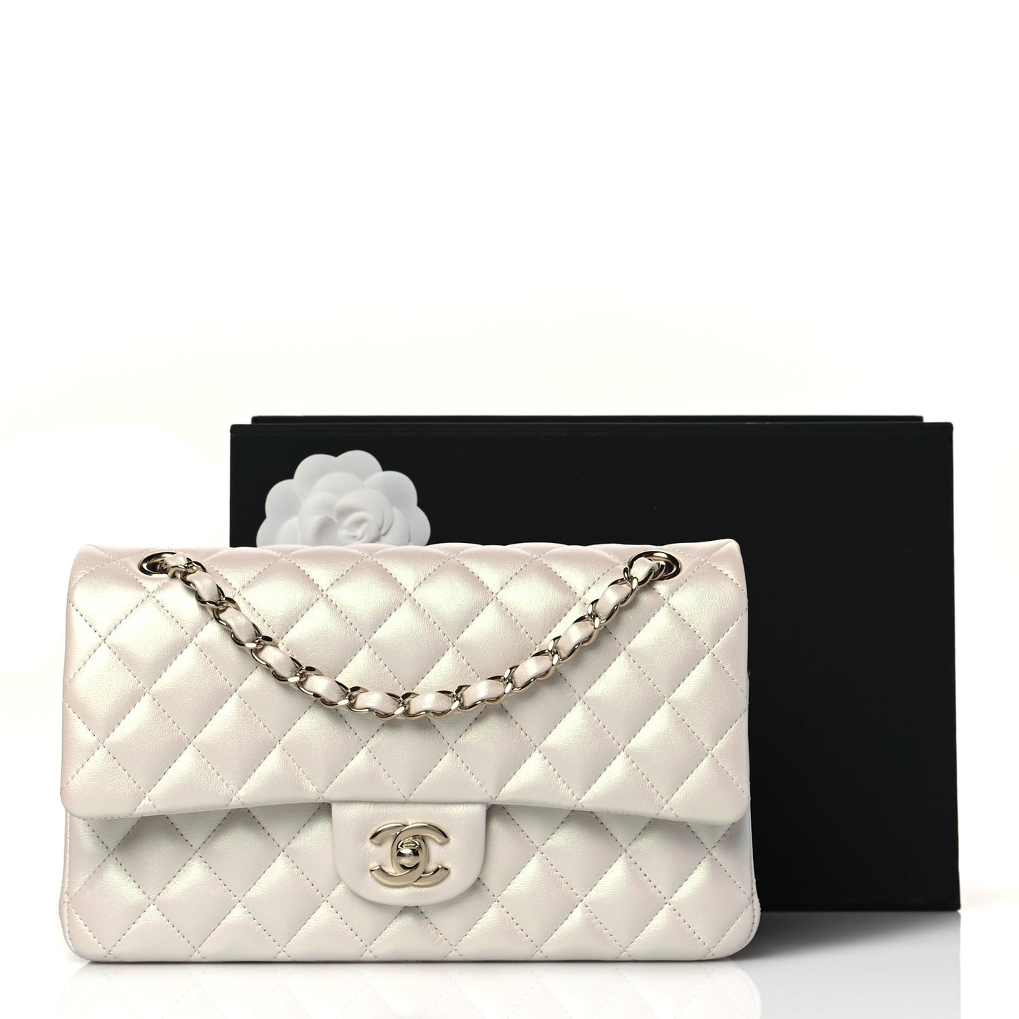 Iridescent Calfskin Quilted Medium Double Flap White