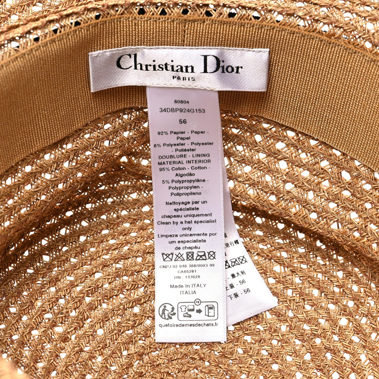 Straw Embroidered D-Bobby Large Brim Hat 56 Natural Fuchsia Black