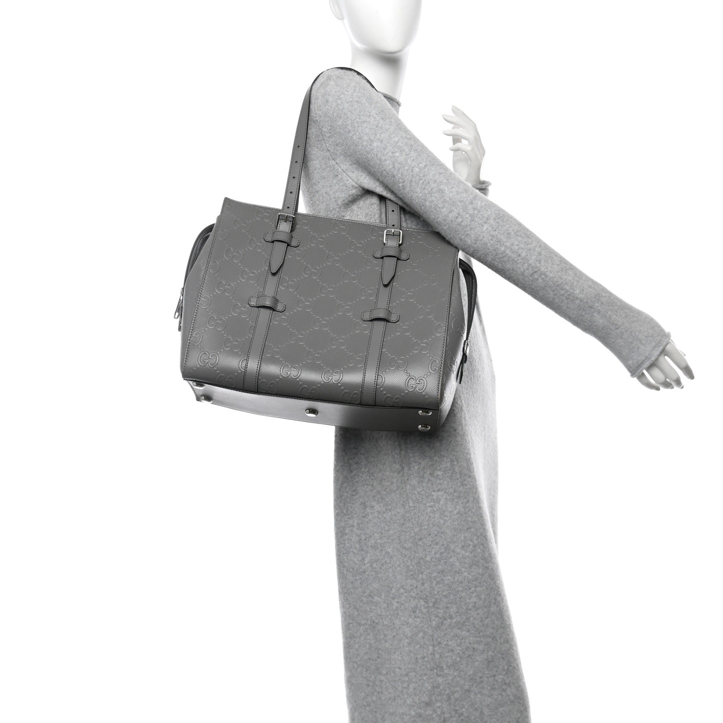 Calfskin GG Tennis Embossed Tote Bag Dusty Grey