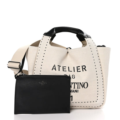Valentino Garavani Canvas Atelier 01 Metal Stitch Edition Medium Tote Bag Naturale Black 3 of 10