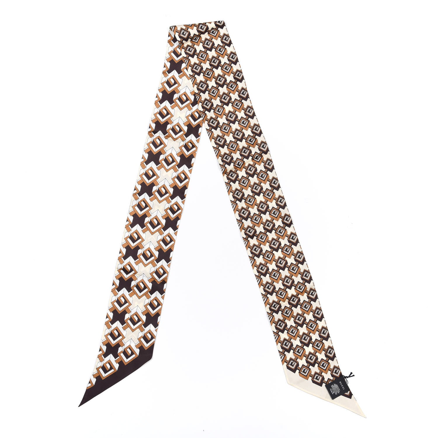 Gucci Silk Twill Isometric G Neck Bow Scarf Brown Ivory 2 of 4