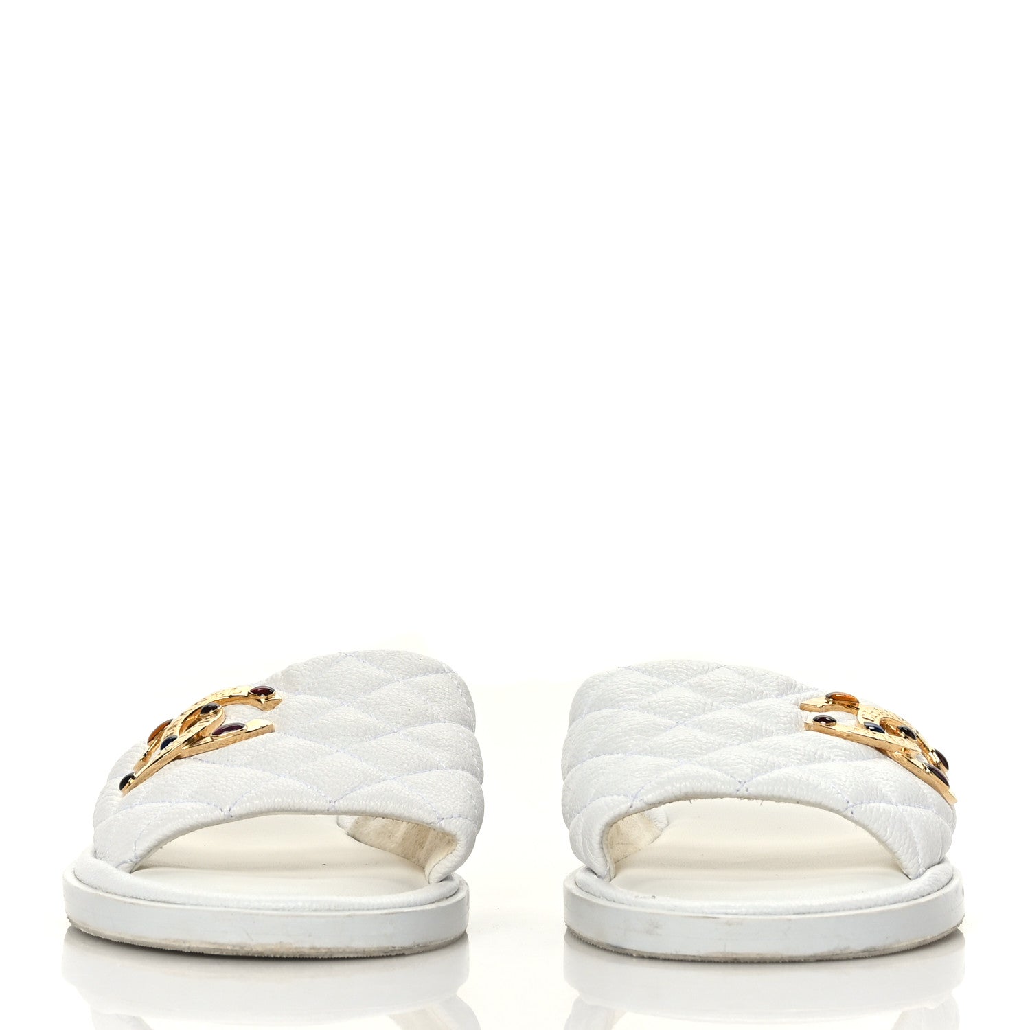 Chanel Shiny Goatskin Quilted CC Mules Sandals 37.5 White 2 of 8