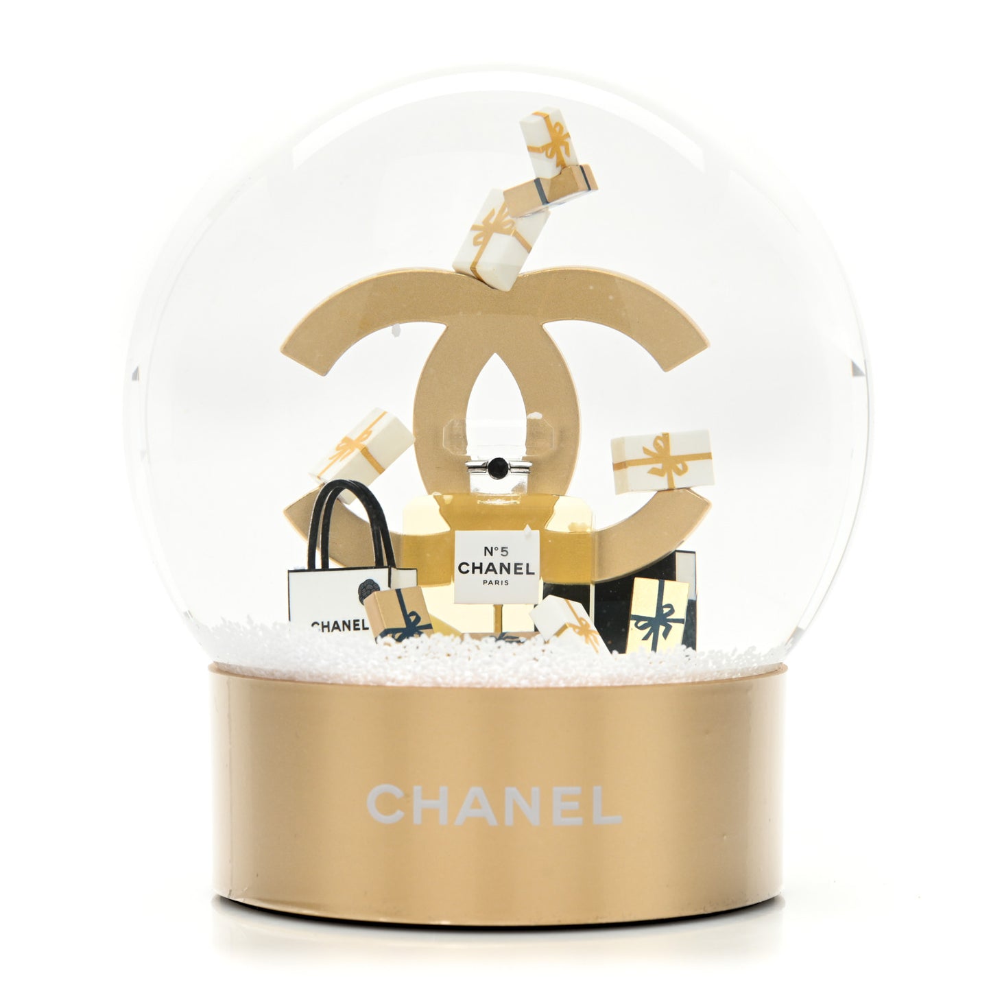 Glass CC Shopping Bag Snow Globe Gold