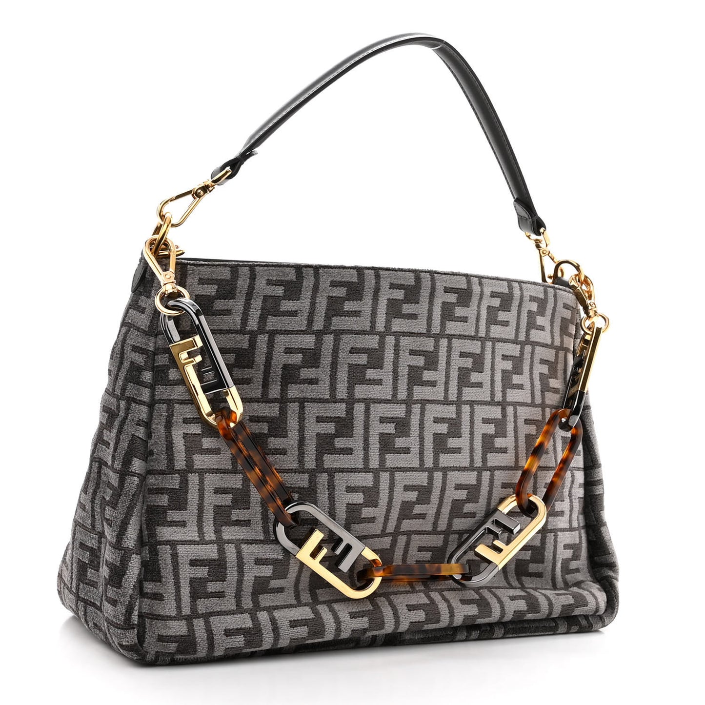 Chenille Vitello Seta Plexiglass FF Fendi O'Lock Zipper Anthracite Asfalto
