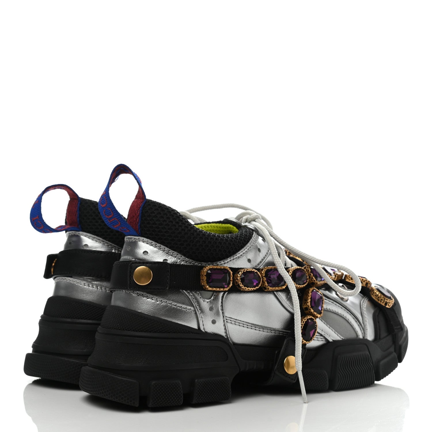 Gucci X SEGA Metallic Calfskin Mesh Removable Crystals Womens Flashtrek Sneakers 37.5 Silver Black 4 of 5