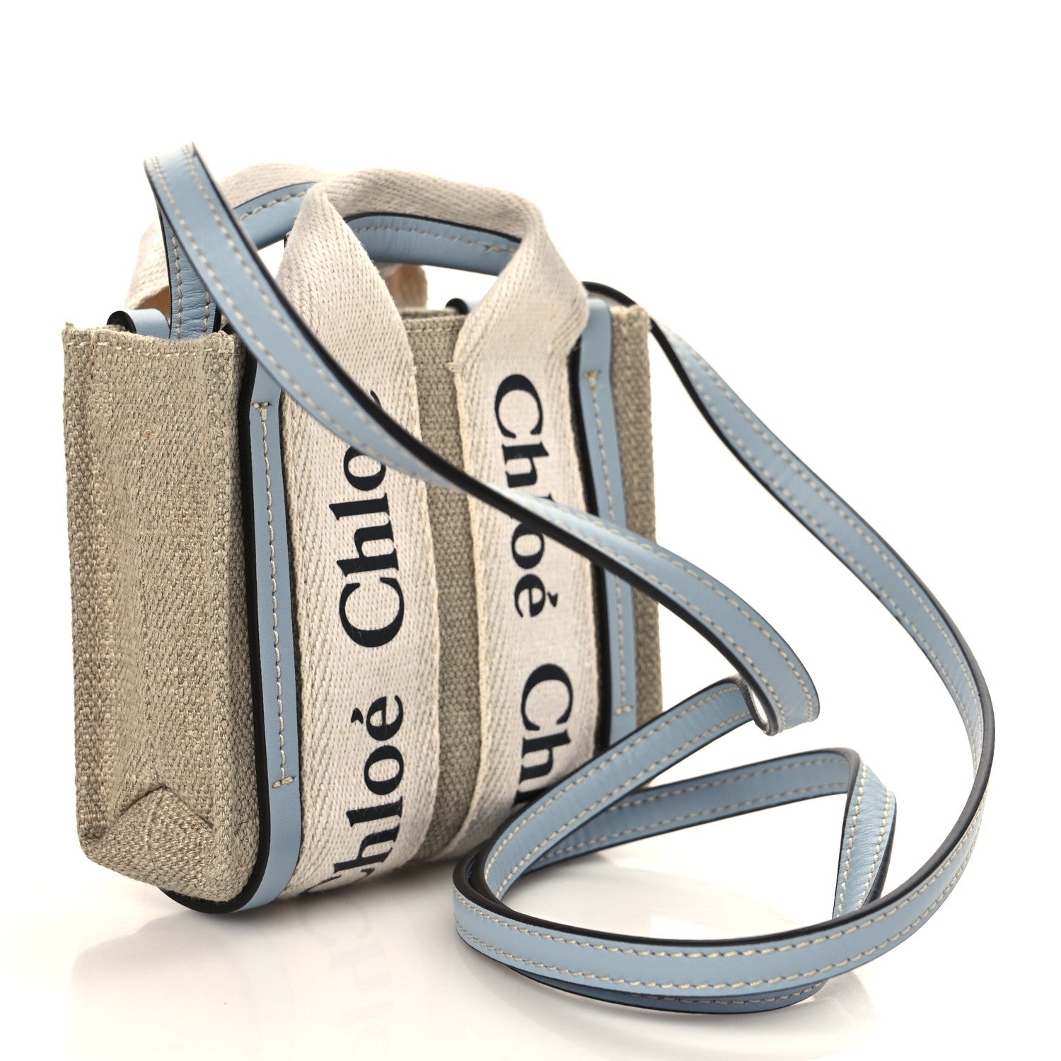 Chloe Cotton Calfskin Nano Woody Ribbon Tote With Strap White Blue 2 of 8
