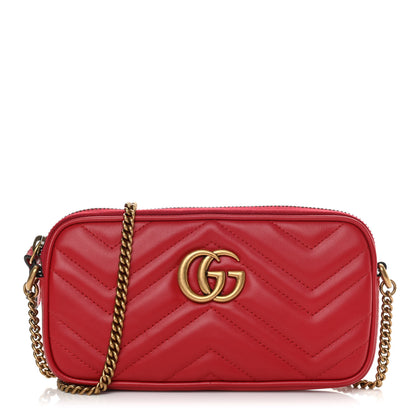 Gucci Calfskin Matelasse Mini GG Marmont Chain Crossbody Bag Hibiscus Red 1 of 11