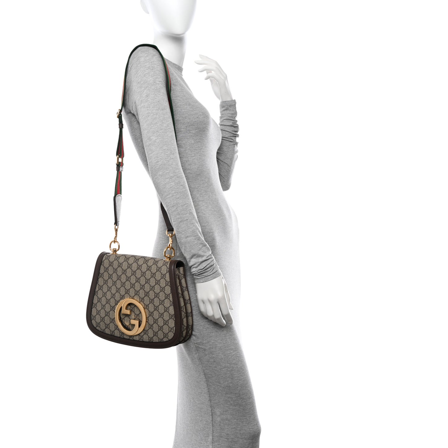 GG Supreme Monogram Textured Dollar Calfskin Web Medium Blondie Top Handle Shoulder Flap Bag Beige Ebony New Acero