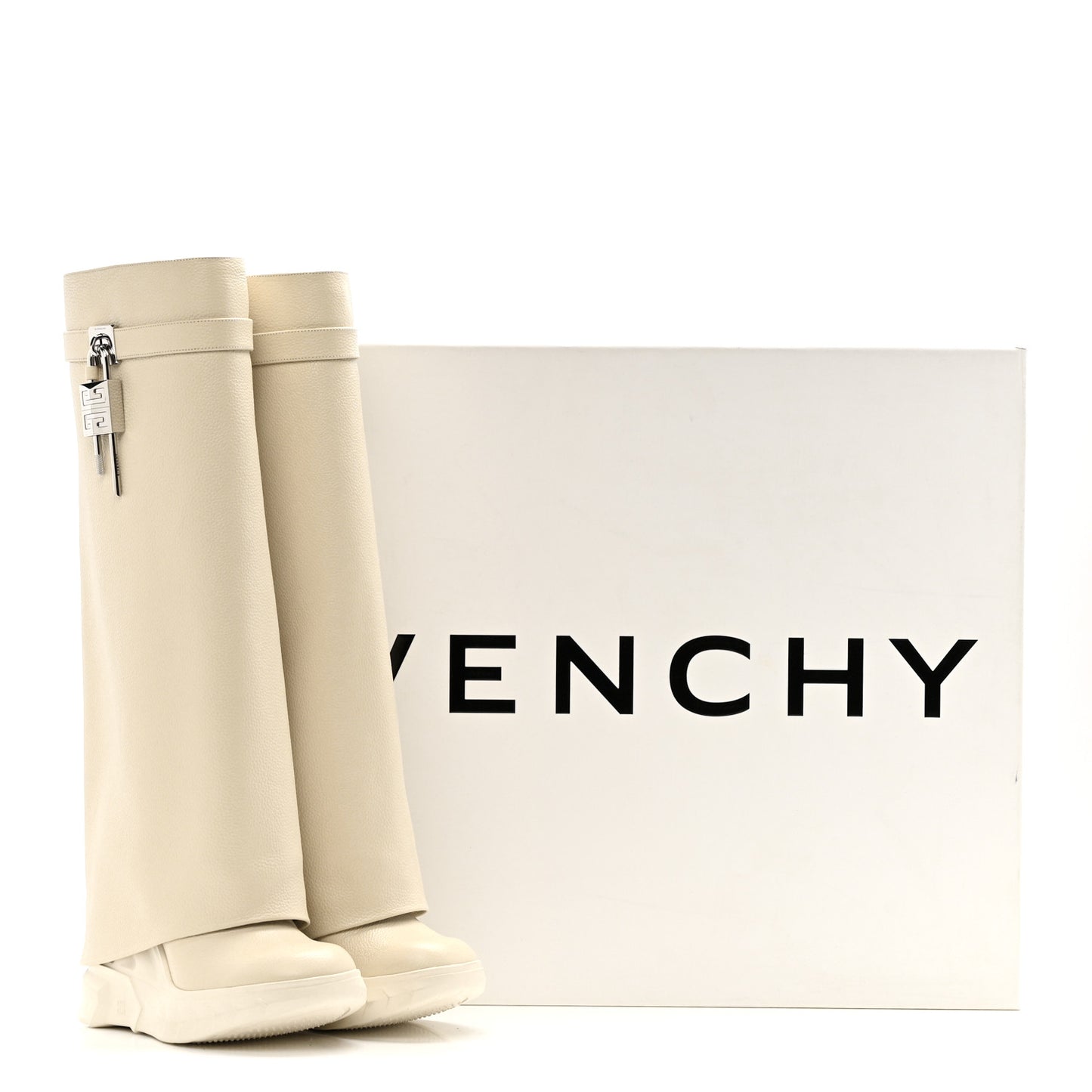 Grained Calfskin Shark Lock Biker Knee Boots 37 Beige