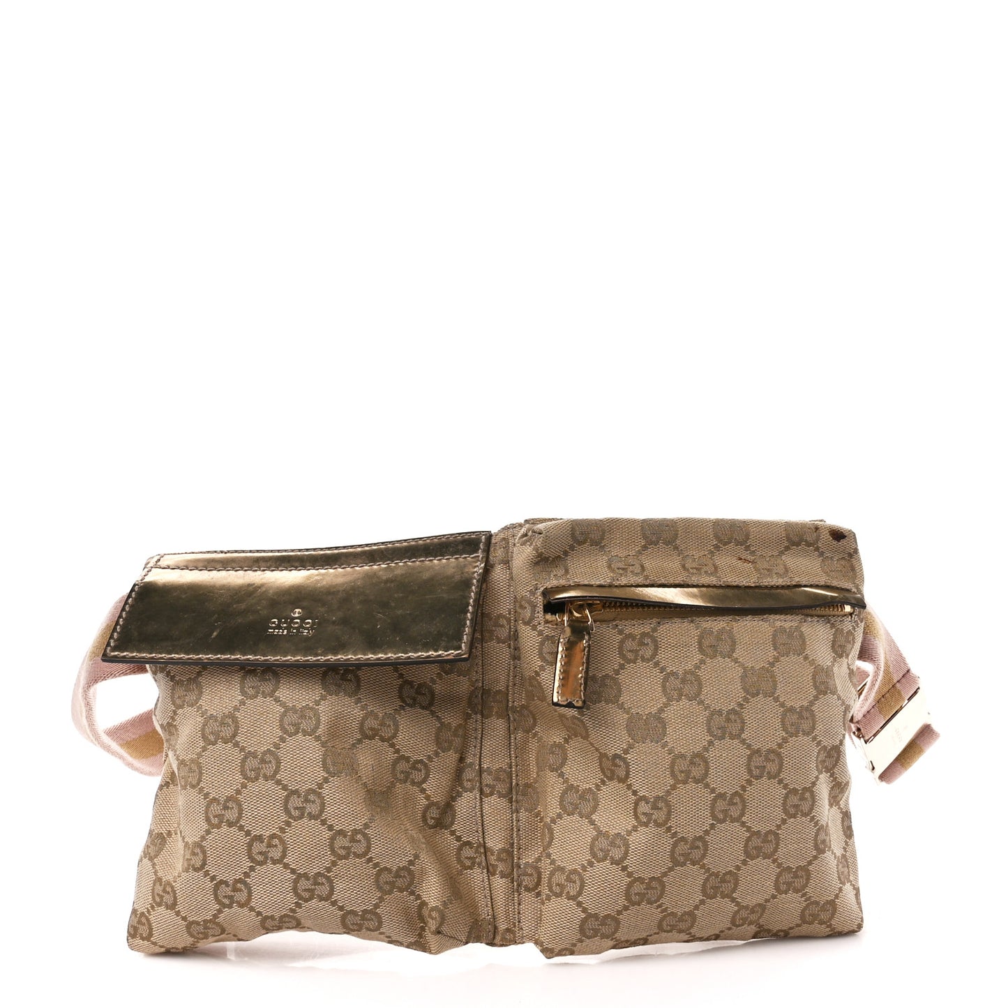 GG Monogram Web Double Pocket Belt Bag Gold Pink
