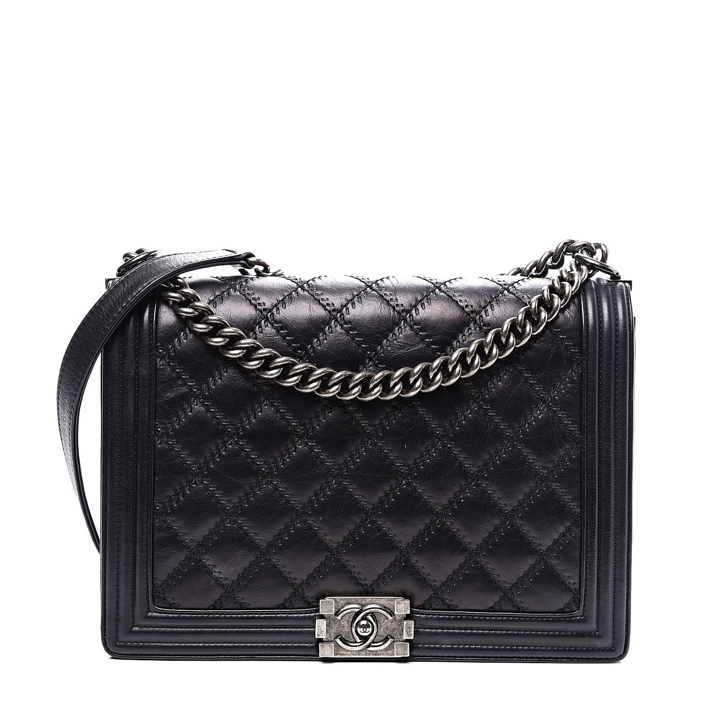 Calfskin Embossed Stitch Large Boy Flap Black