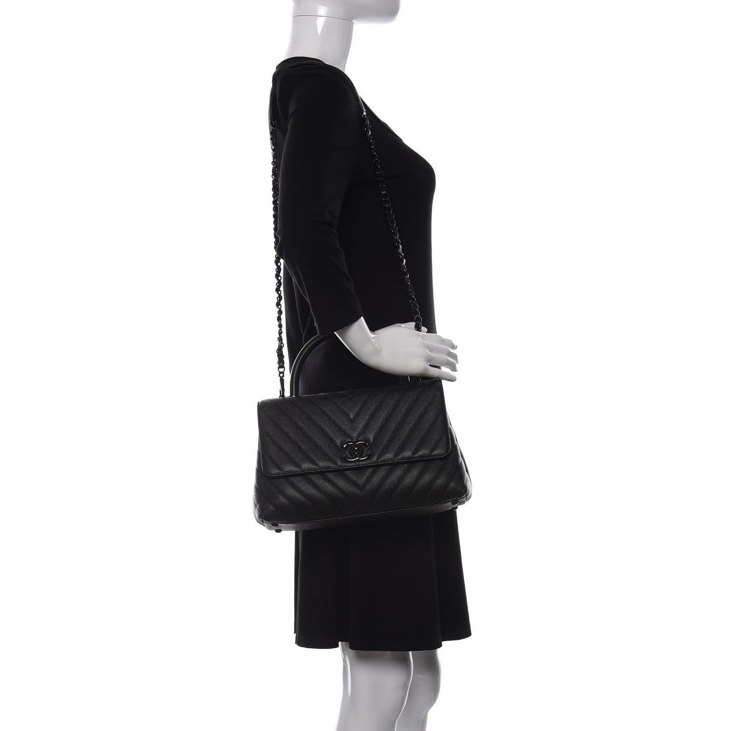 Caviar Chevron Quilted Small Coco Handle Flap So Black