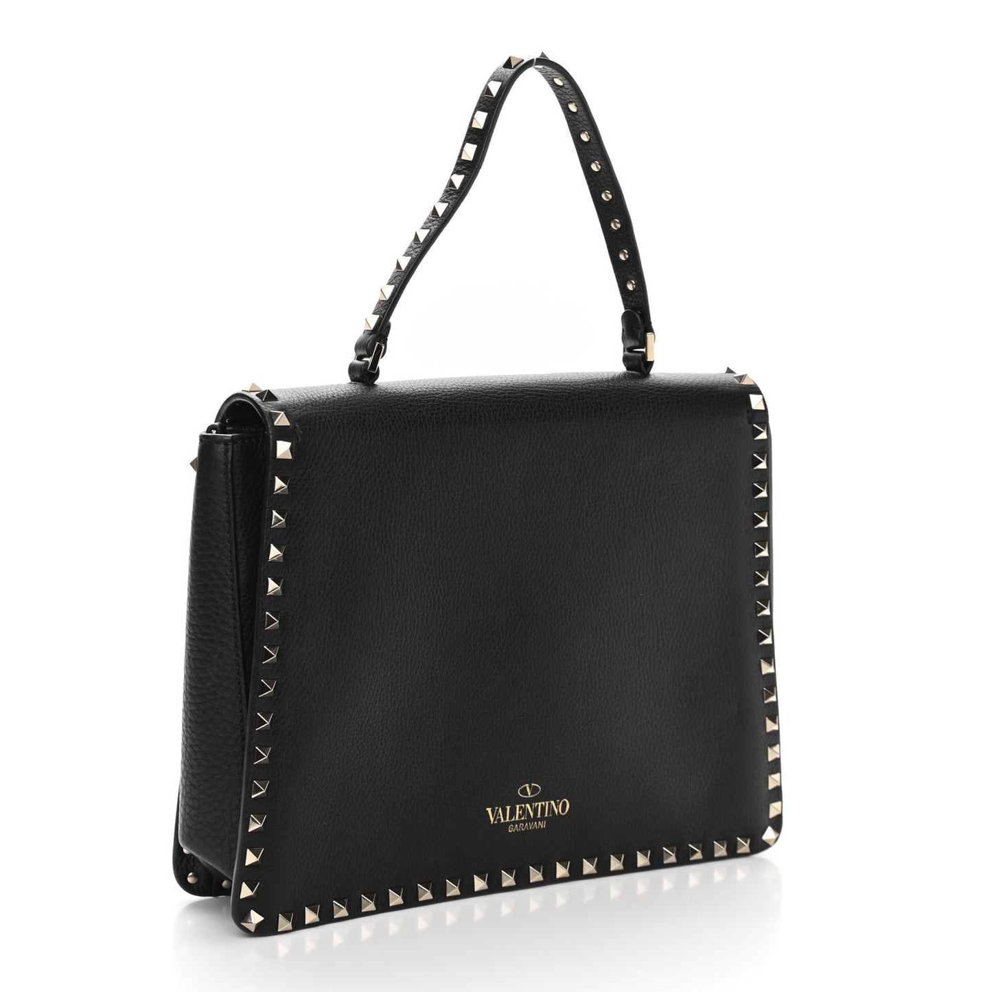 Grained Calfskin Rockstud Top Handle Flap Shoulder Bag Black