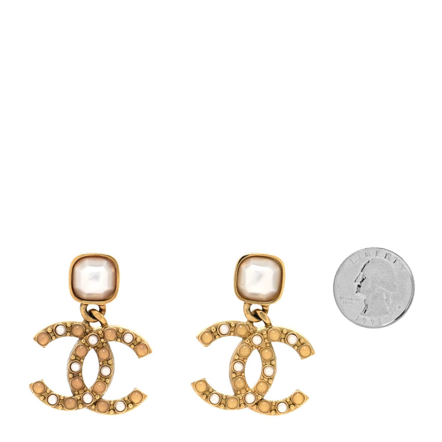 Chanel Pearl Stones CC Drop Earrings Gold 2 of 4