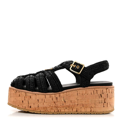 Prada Raffia Cork Metal Triangle Logo Crochet Fisherman Platform 75mm Sandals 38 Black 1 of 9