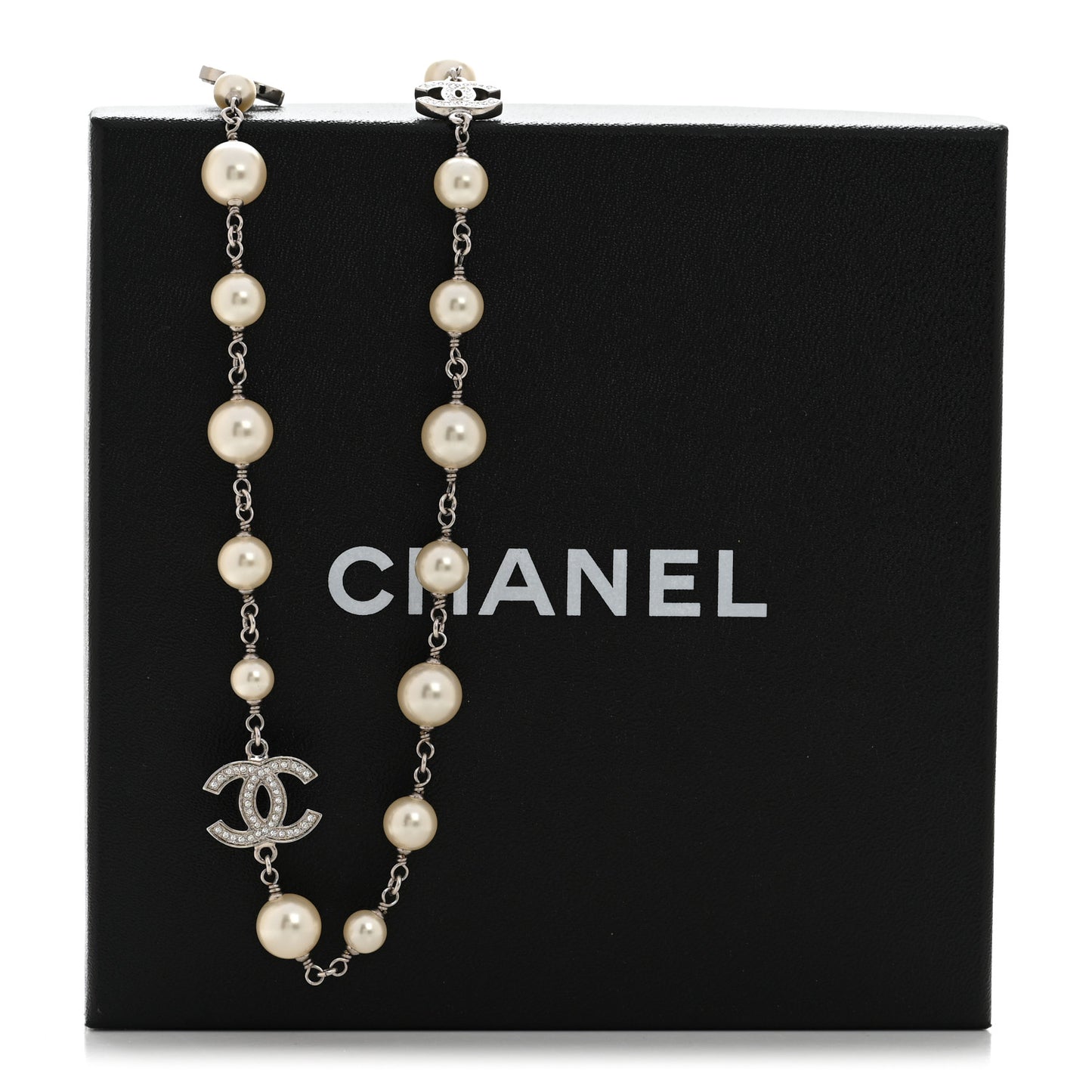 Graduated Pearl Crystal CC Long Necklace Silver