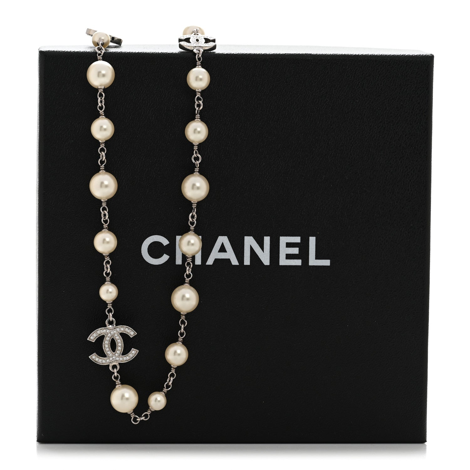 Chanel Graduated Pearl Crystal CC Long Necklace Silver 8 of 8