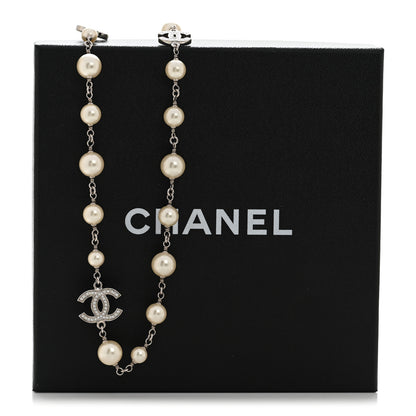 Chanel Graduated Pearl Crystal CC Long Necklace Silver 8 of 8