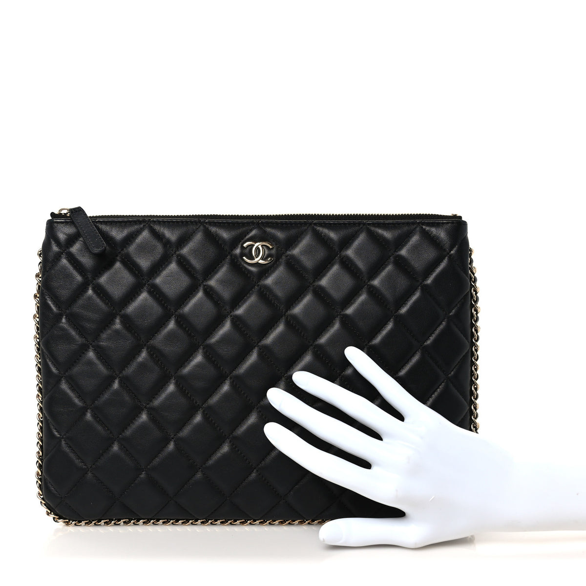 Lambskin Quilted Chain Around Medium Cosmetic Case Black