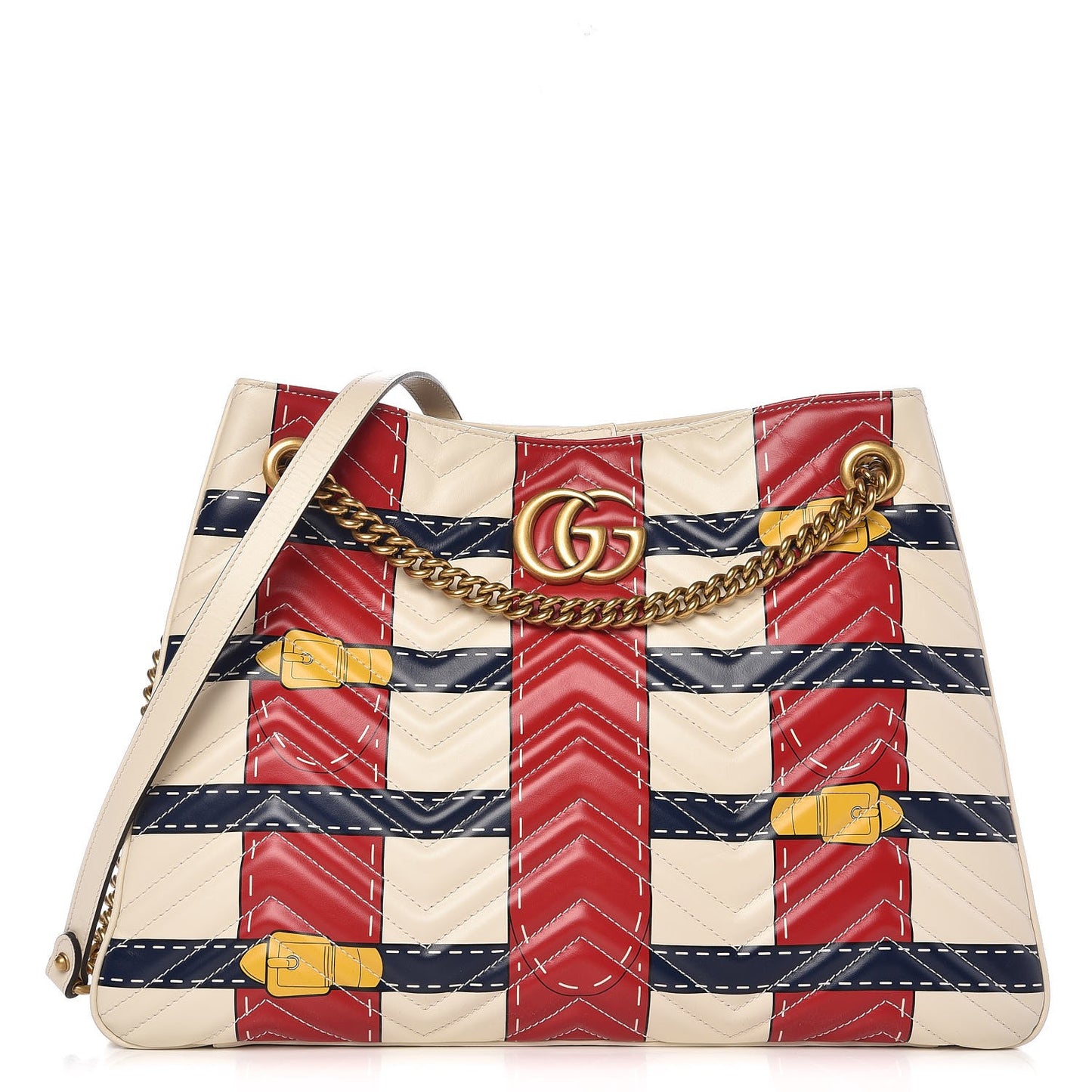 Calfskin Matelasse Trompe L'Oeil Print Medium GG Marmont Shoulder Tote Mystic White Hibiscus Red Marine Giallo