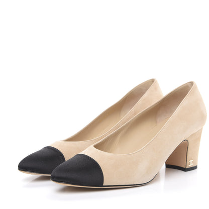 Chanel Suede Satin Cap Toe Low Heel Pumps 40 Beige Black 3 of 10