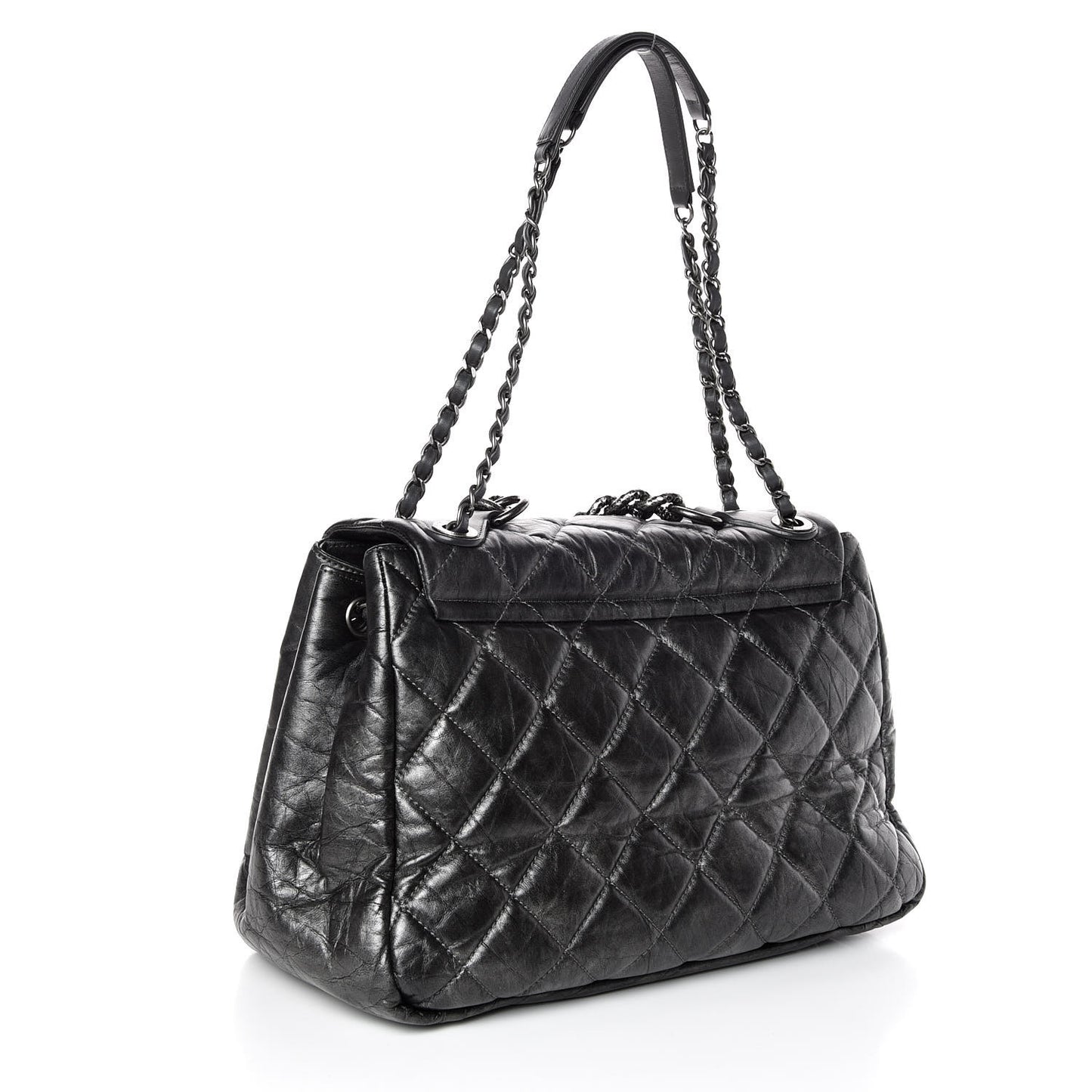 Metallic Aged Calfskin Quilted Large Pondichery Flap Dark Grey