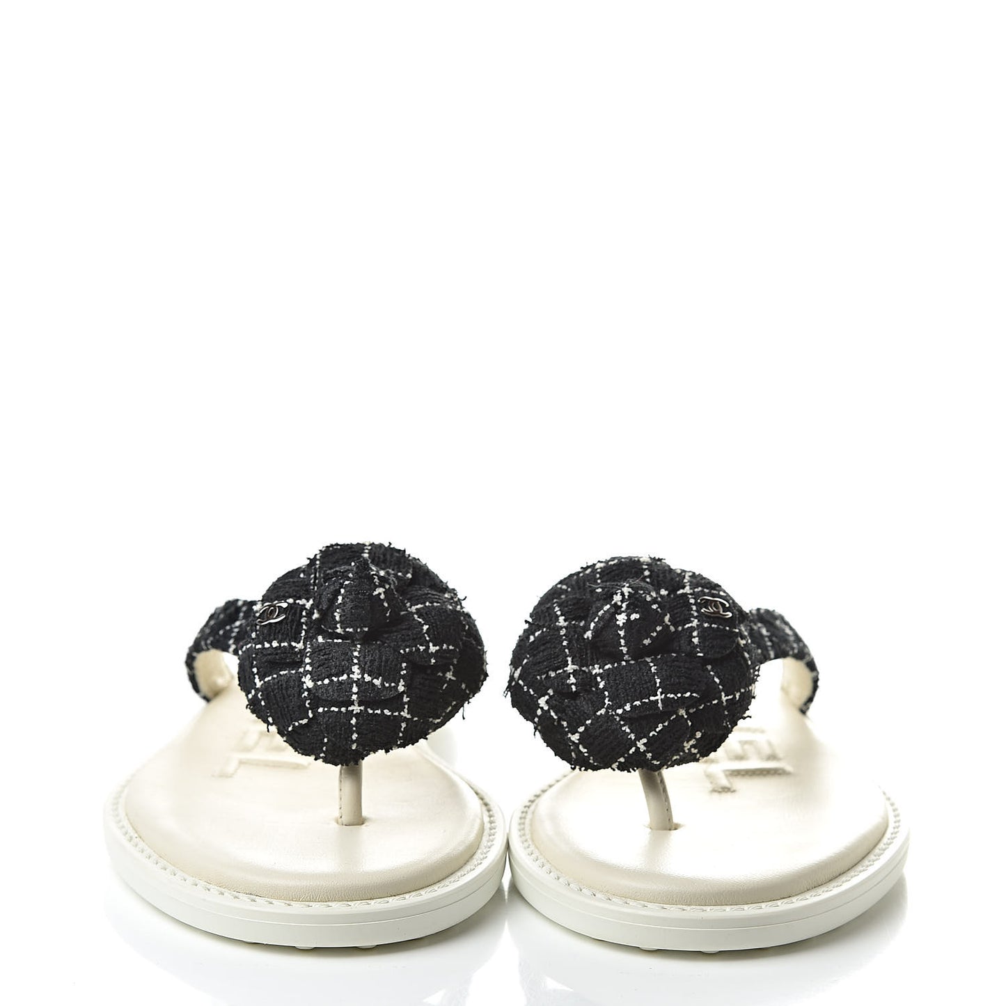 Tweed Quilted Camellia Thong Sandals 36 Black White