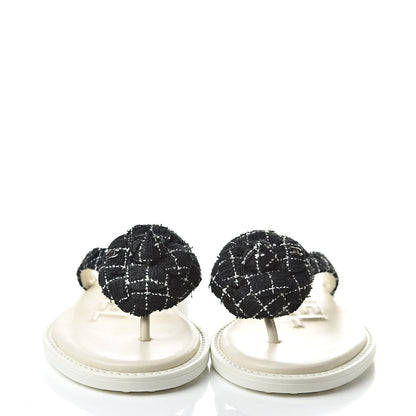 Chanel Tweed Quilted Camellia Thong Sandals 36 Black White 2 of 8