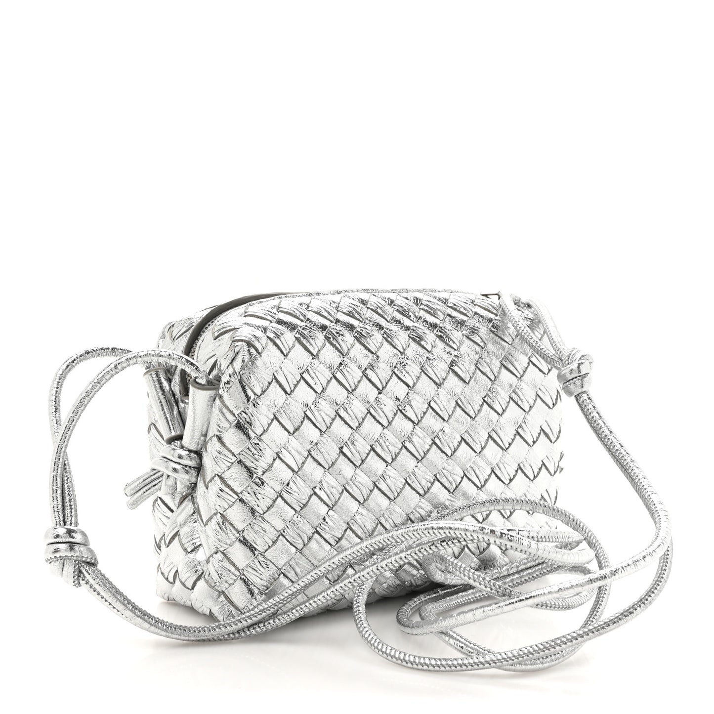 Metallic Calfskin Intrecciato Mini Loop Camera Bag Silver