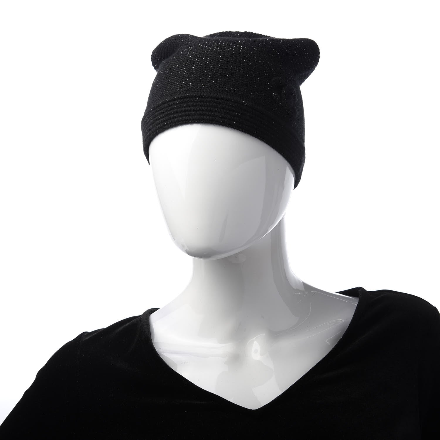 Chanel Cashmere Blend CC Beanie Hat Black 2 of 5