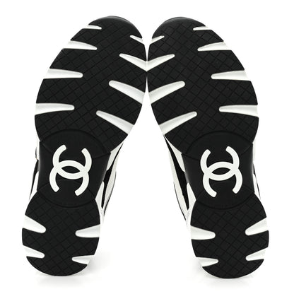Chanel Calfskin Fabric Womens CC Sneakers 38.5 Black White Silver 5 of 8