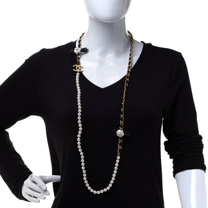 Chanel Pearl Lambskin CC Camellia Multi Strand Necklace Necklace Black Gold 2 of 7