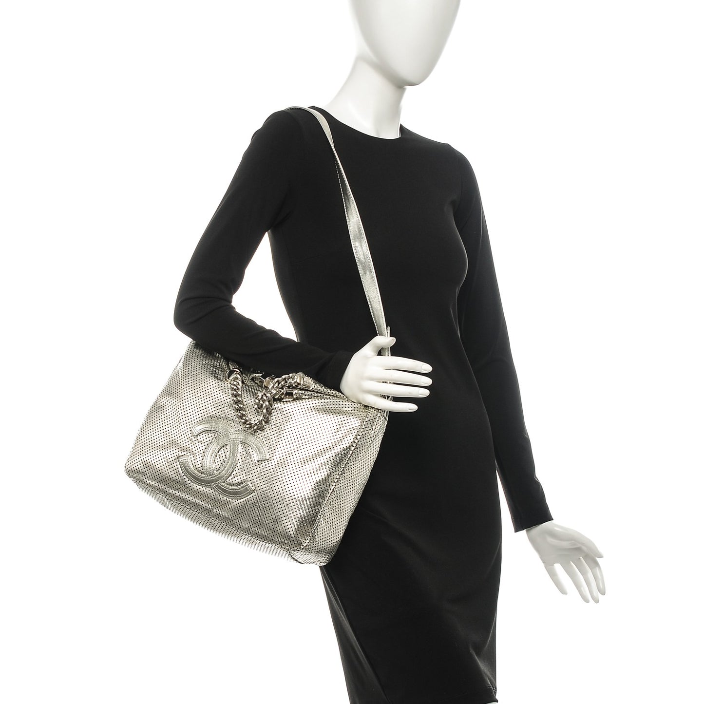 Metallic Glazed Calfskin Perforated Medium Rodeo Drive Tote Silver