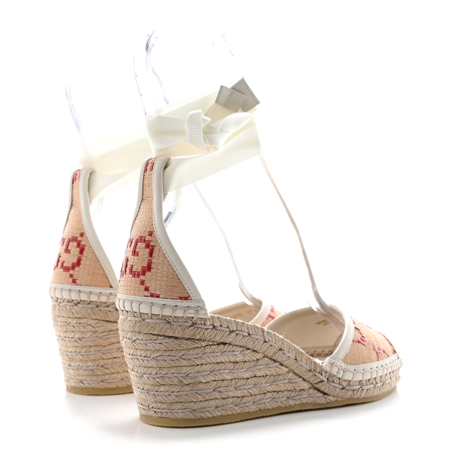 GG Raffia Monogram Ankle Wrap Platform Espadrille Wedge Sandals 37 Beige